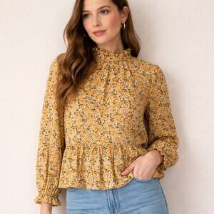 Nobody’s Child Mustard Floral Ruffle Mock Neck Peplum Blouse Long Sleeve Size 10